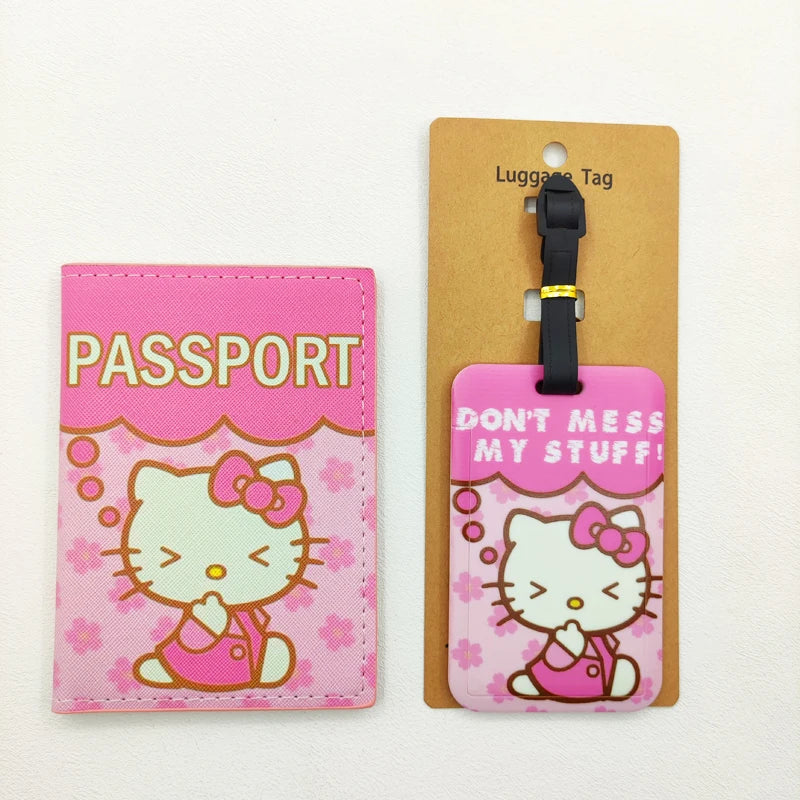 1Set Hello Kitty Passport Cover and Luggage Tags Travel Passport Holder Baggage Tag Girls Business ID Card Holder Luggage Label