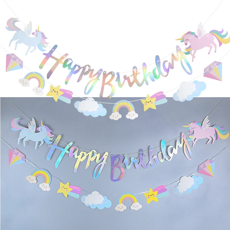 3M Girls Unicorn Birthday Banner Bunting Cute Cloud Star Happy Birthday Banner Paper Garland For Baby Shower Party Hanging Decor
