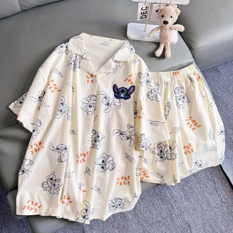 Cartoon Stitch Korean version ins couple pajamas, cute personality, comfortable summer cotton shorts, cardigan, loungewear set