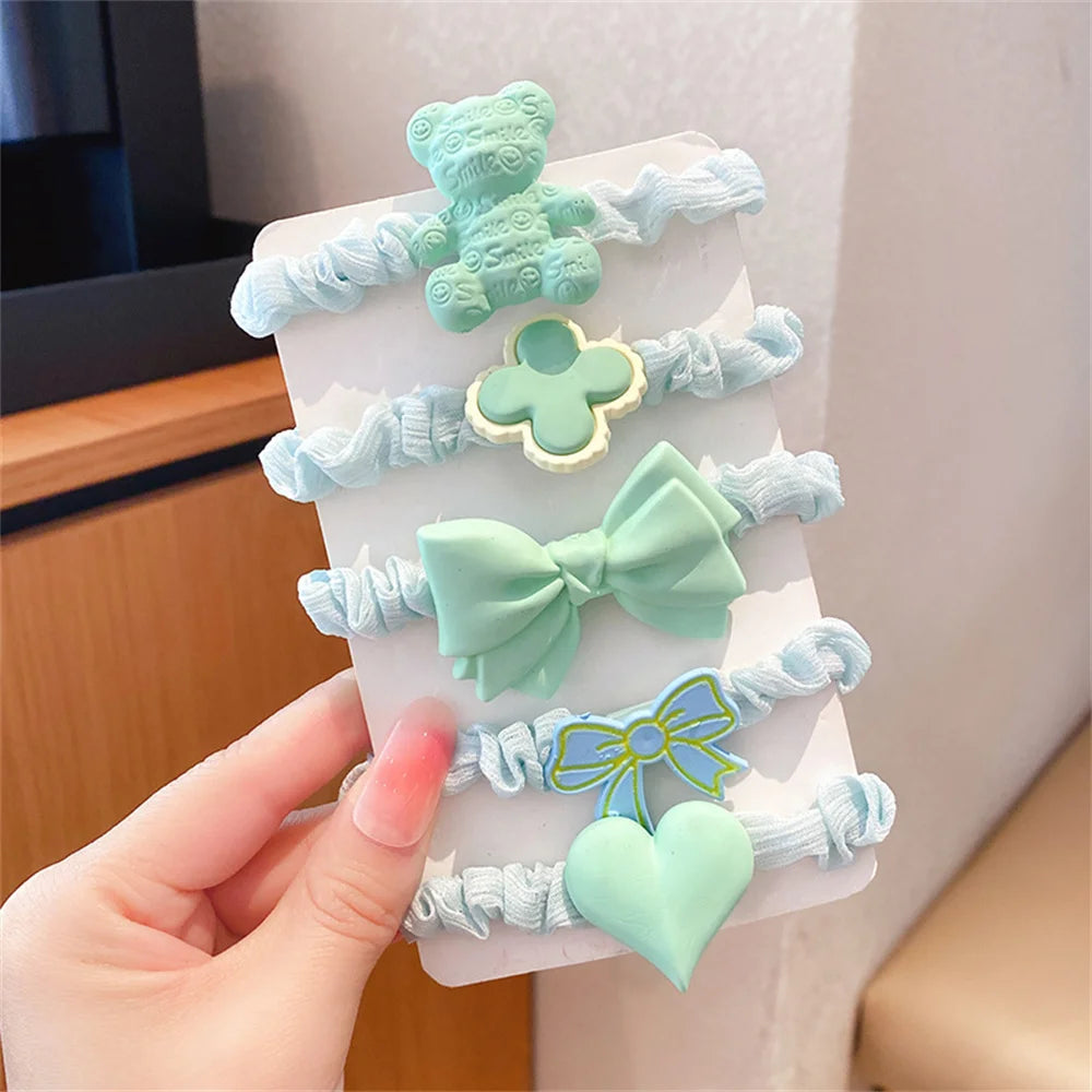 5pcs/Set Cartoon Bear Bowkont Heart Charms Scrunchies Candy Color Satin Hair Ties Ponytail Holder Hair Ropes Kid Girls Headwear