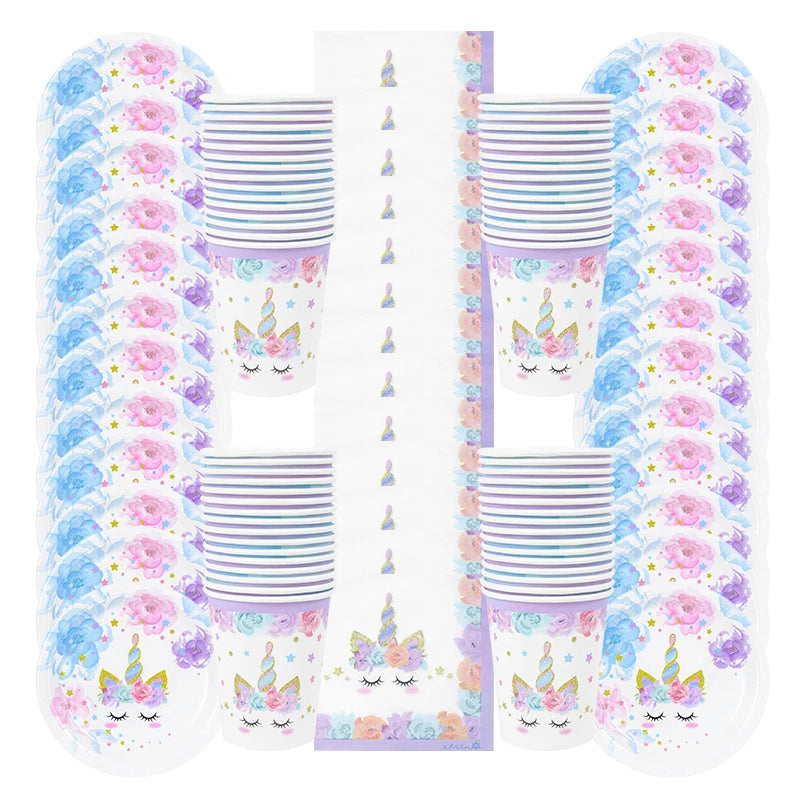 48Pcs/Set Unicorn Theme Birthday Disposable Tableware Set Paper Plates Napkins Cups Birthday Party Decoration Kids Favors Gift