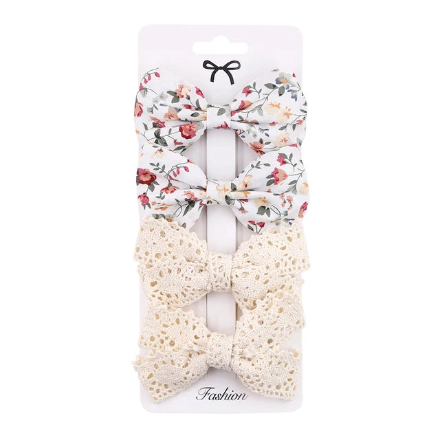 4Pcs/set Floral Print Hair Bow Clips Baby Girls Lace Cotton Linen BB Barrettes Safety Hairpins Korea Kids Headwear Accessories