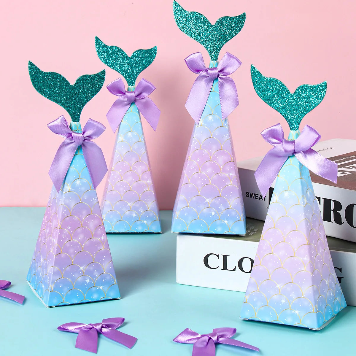 50PCMermaid Tail Candy Box Festival Gift Packaging Paper Bag Popcorn Boxes Kids Little Favors Mermaid Birthday Party Decorations