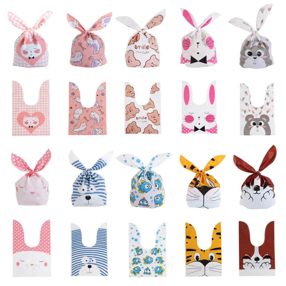 10/25/50pcs Plastic Candy Bags Cookie  Cute Carton Rabbit Ear Bags Biscuits Snack Baking Packing Supplies Kids Gifts Wholesale