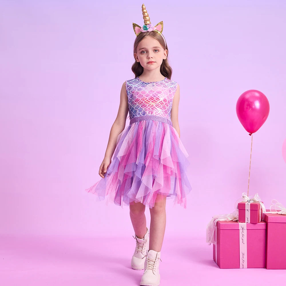 DXTON Summer Princess Sleeveless Dress Children Birthday Party Clothing Irregular Layer Prom Girls Dresses Kids Tulle Costumes