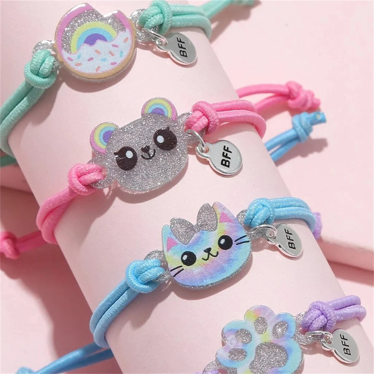 4pcs Kids Elastic Hair Rope Bracelets Set Cute Kitten Bear Donut Design BFF Good Friends Elastic Cord for Children