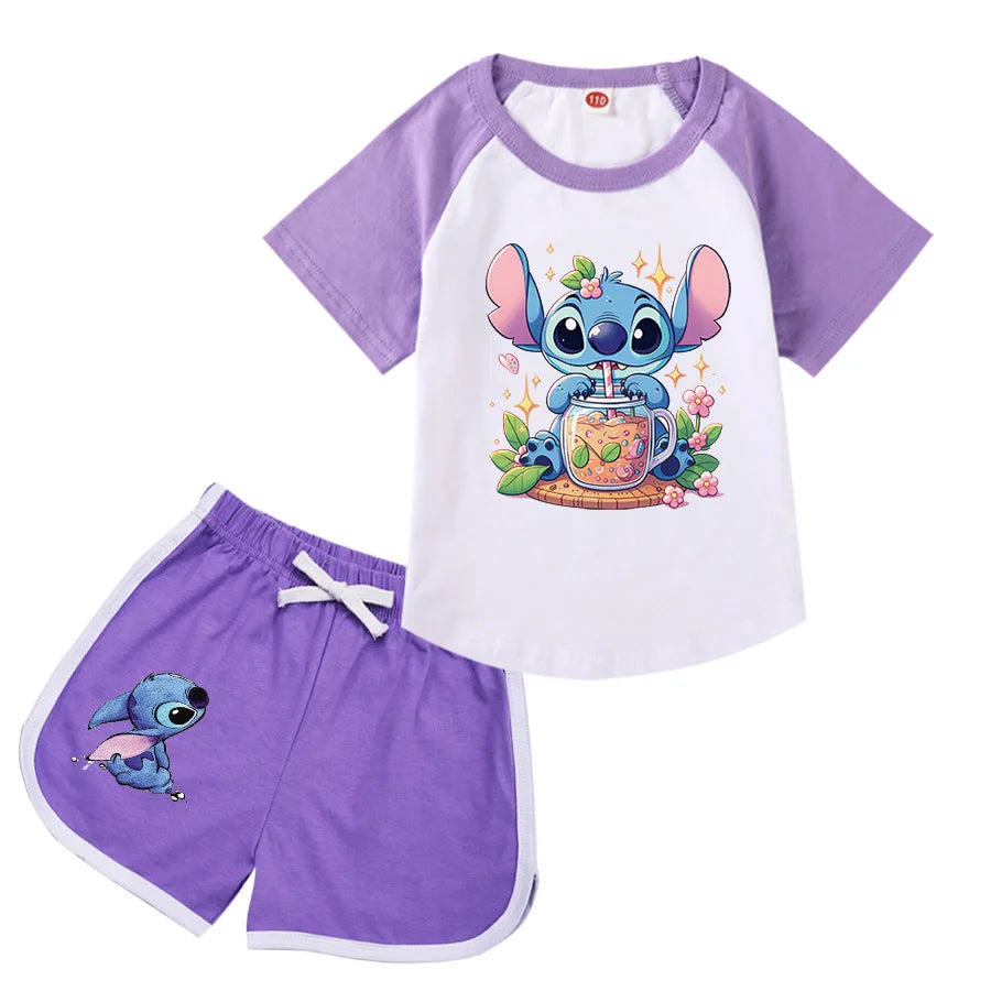 Lilo And Stitch Kids Costume Girls Casual Outfits Boys Short Sleeves T-shirt Shorts 2 Pcs Sets Girls Casual Sportswear