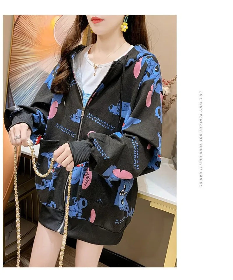 New Lilo and Stitch Hooded Sweatshirt Kawaii Women's Loose Top Thin Design Anime Printed Accessories Cartoon Cardigan Jacket