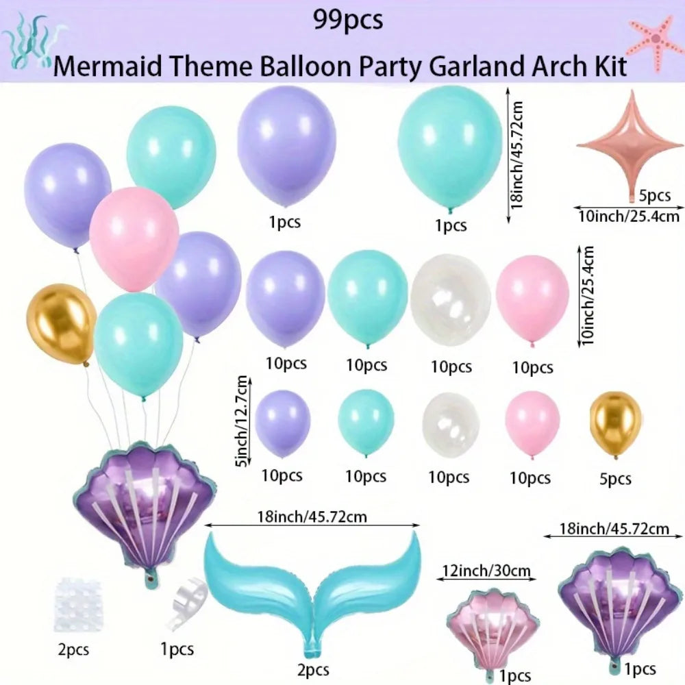 99PCS Mermaid Themed Balloon Garland Arch Set Suitable for Birthday Parties and Celebration Decorations, Indoor and Outdoor Use