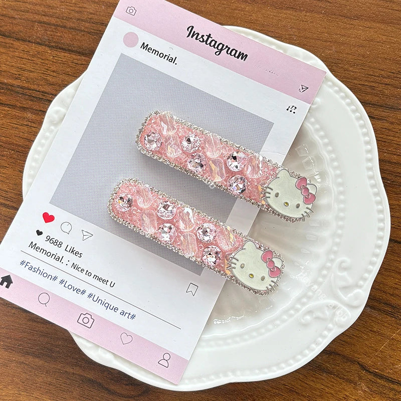 Sanrio Hello Kitty Girls Hairpin Fashion Cartoon KT Cat Women Pearl Rhinestone Bow Hair Clip Charm Girls Hair Accessories Gifts