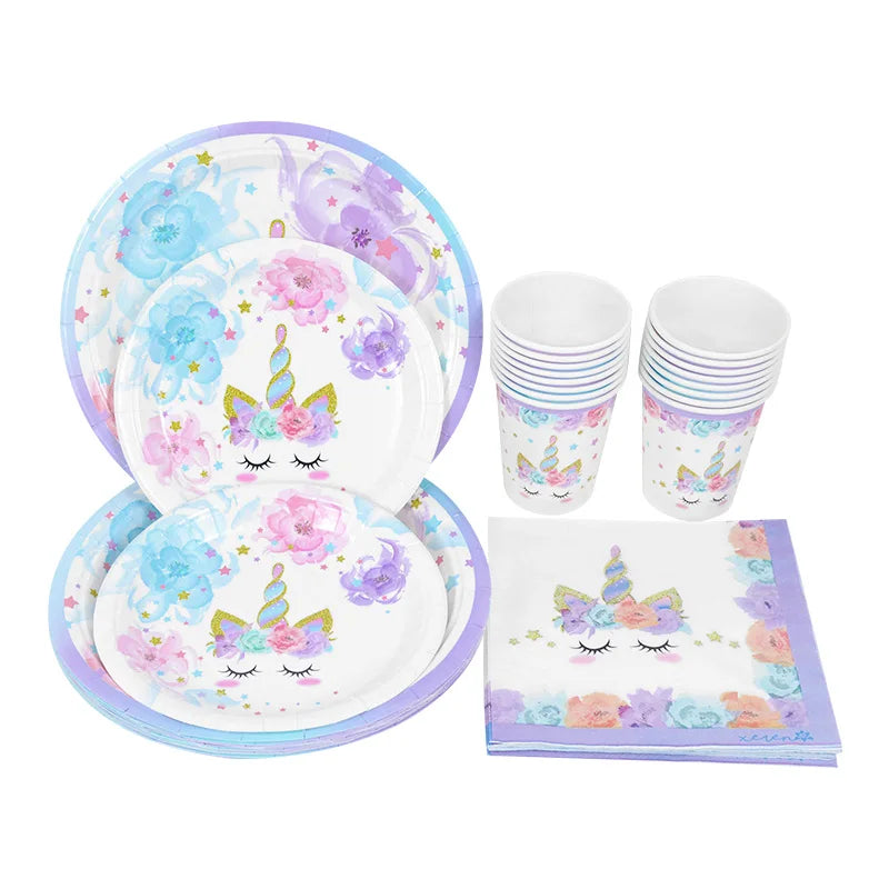 48Pcs/Set Unicorn Theme Birthday Disposable Tableware Set Paper Plates Napkins Cups Birthday Party Decoration Kids Favors Gift