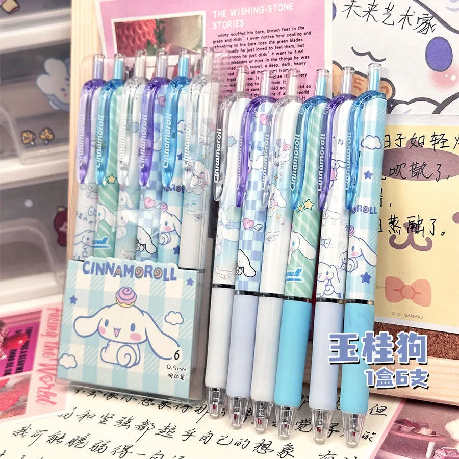 Sanrio 6pcs Series Gel Pen 0.55mm Refill Hello Kitty Y2k Cinnamoroll Kuromi MelodyCartoon Press Pen Black Stationery Supplies
