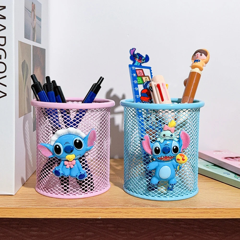 Cartoon Three-Color Stitches Metal Pen Holder Cute Stationery Storage for Study Fan Gifts Birthday