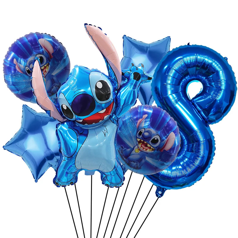 6 Pcs Blue Stitch Foil Balloons Set Digit 1-9 Years Old Balloons Cartoon Stitch Themed Baby Shower Kids Birhday Party Decoraions