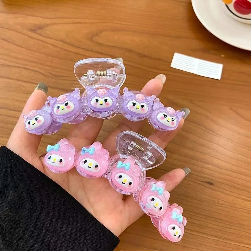 Sanrio Japanese Glitter Hair Claws Crystal Clear Ponytail Clips with Anime Charm Kawaii Hair Accessories Non-Slip Barrettes