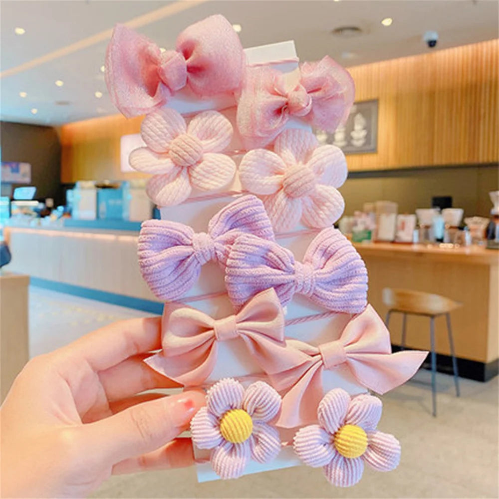10pcs Cute Flower Hair Ties Set Kids High Elastic Mixed Cloth Plaid Bow Charms Hair Loop For Toddler Girls Princess Headwear
