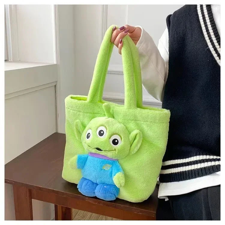 MINISO 2024 New Cartoon Plush Doll Shoulder Bag Sweet and Cute Stitch Strawberry Bear Soft Cute Girls Handbag