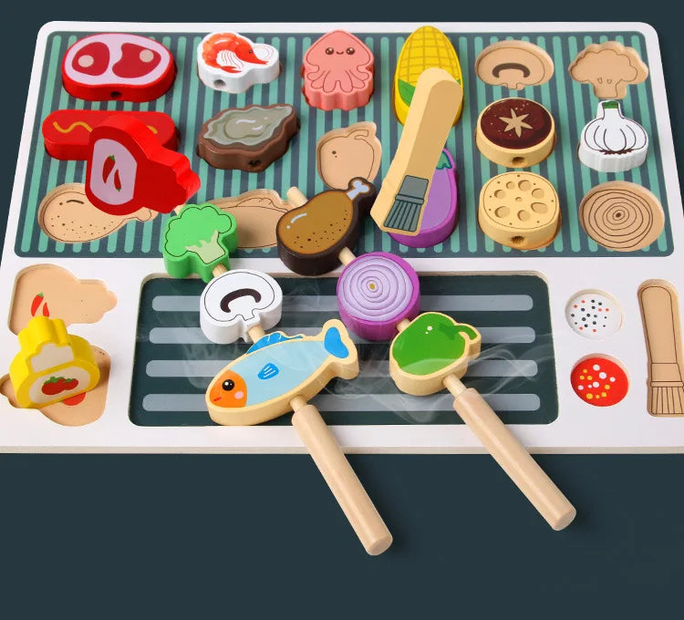 Children Wooden Barbecue Toys Kids Wooden Simulation Food Barbecue Cooking Kitchen Toys Parent-Child Interaction Play House Toys