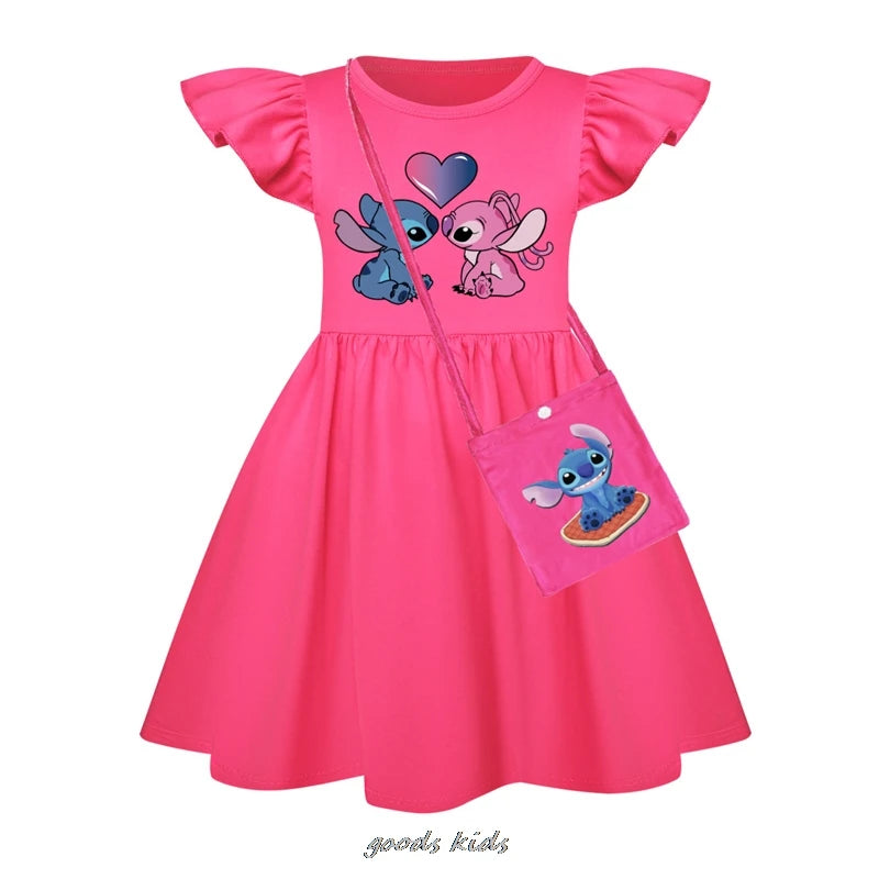 Hot Lilo And Stitch Children's Dress Set Cartoon Cute Girl Dress Flying Sleeve Toddler Dress And Small Bag Birthday Gift