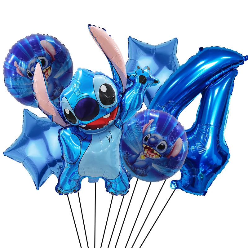6 Pcs Blue Stitch Foil Balloons Set Digit 1-9 Years Old Balloons Cartoon Stitch Themed Baby Shower Kids Birhday Party Decoraions
