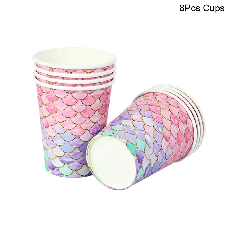 Mermaid Disposable Tableware Set Little Mermaid Paper Plates Cup Tablecloth Kids Girl Mermaid Birthday Party Decoration Supplies