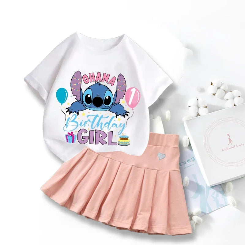 2025 Lilo Stitch T-shirts Skirt Set Kawaii Cartoon Number Kids Casual Short Sleeves Tops Summer Girl Clothes Dress Birthday Gift