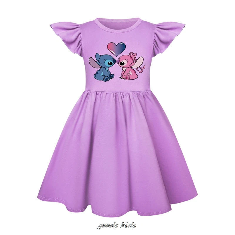 Hot Lilo And Stitch Children's Dress Set Cartoon Cute Girl Dress Flying Sleeve Toddler Dress And Small Bag Birthday Gift