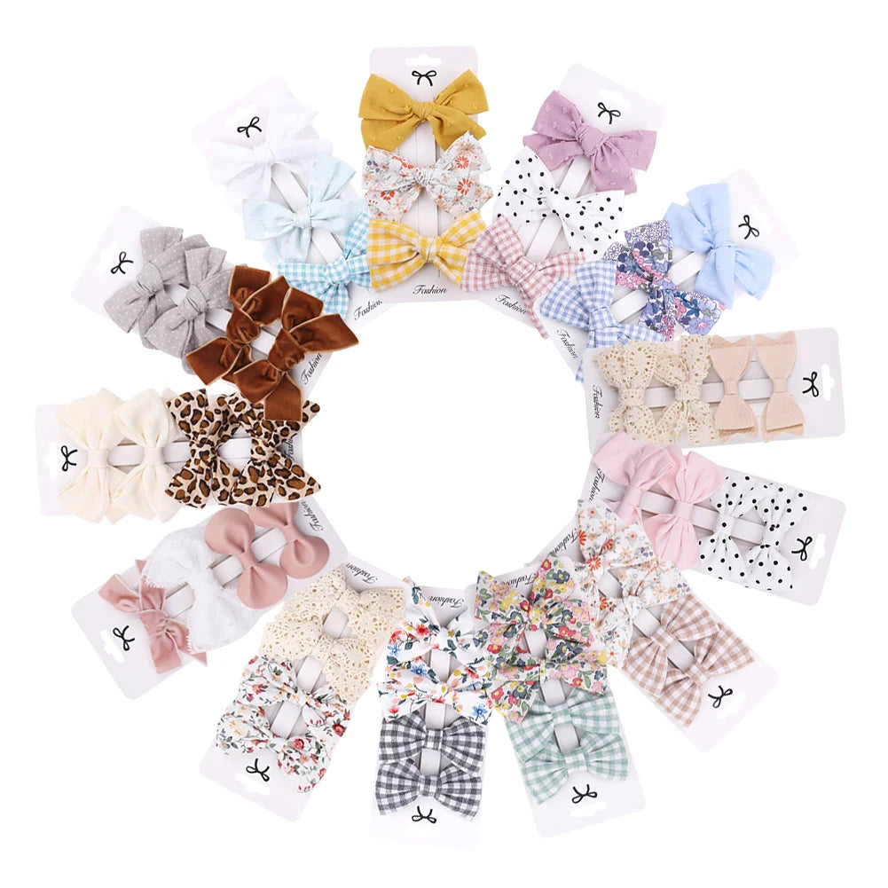 4Pcs/set Floral Print Hair Bow Clips Baby Girls Lace Cotton Linen BB Barrettes Safety Hairpins Korea Kids Headwear Accessories