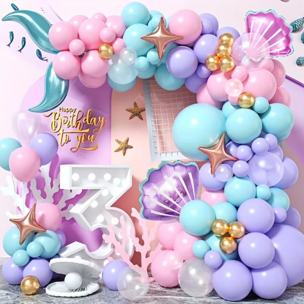 99PCS Mermaid Themed Balloon Garland Arch Set Suitable for Birthday Parties and Celebration Decorations, Indoor and Outdoor Use