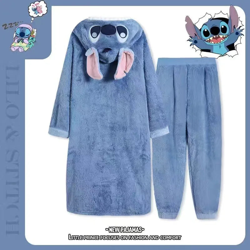 2024 New Lilo & Stitch Winter Thickened Plush Cosplay Cartoon Hooded Couple Pajamas Flannel Men & Women Loungewear Set
