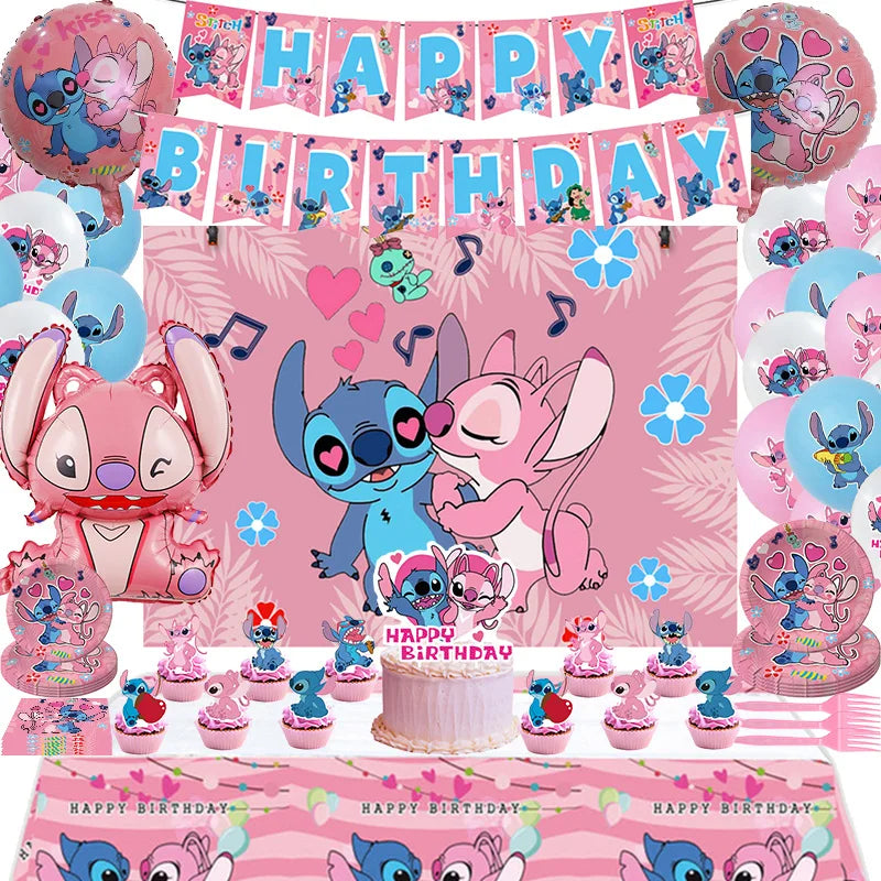 Lilo And Stitch Girl Party Birthday Decoration Set Party Supplies Tableware Stitch Balloon Banner Plate Napkin Tablecloth forkid