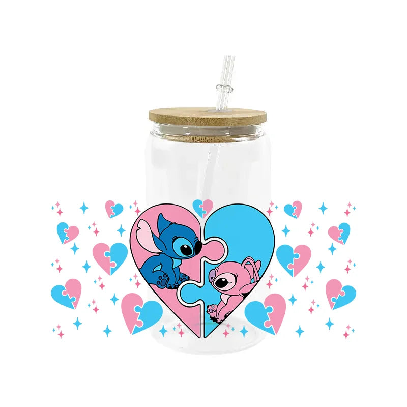 Miniso Stitch 16oz UV DTF Cup Wrap Cartoon Transfers Libbey Wrap Tumbler DIY Logo Sticker Glass Can Selfadhesive Waterproof