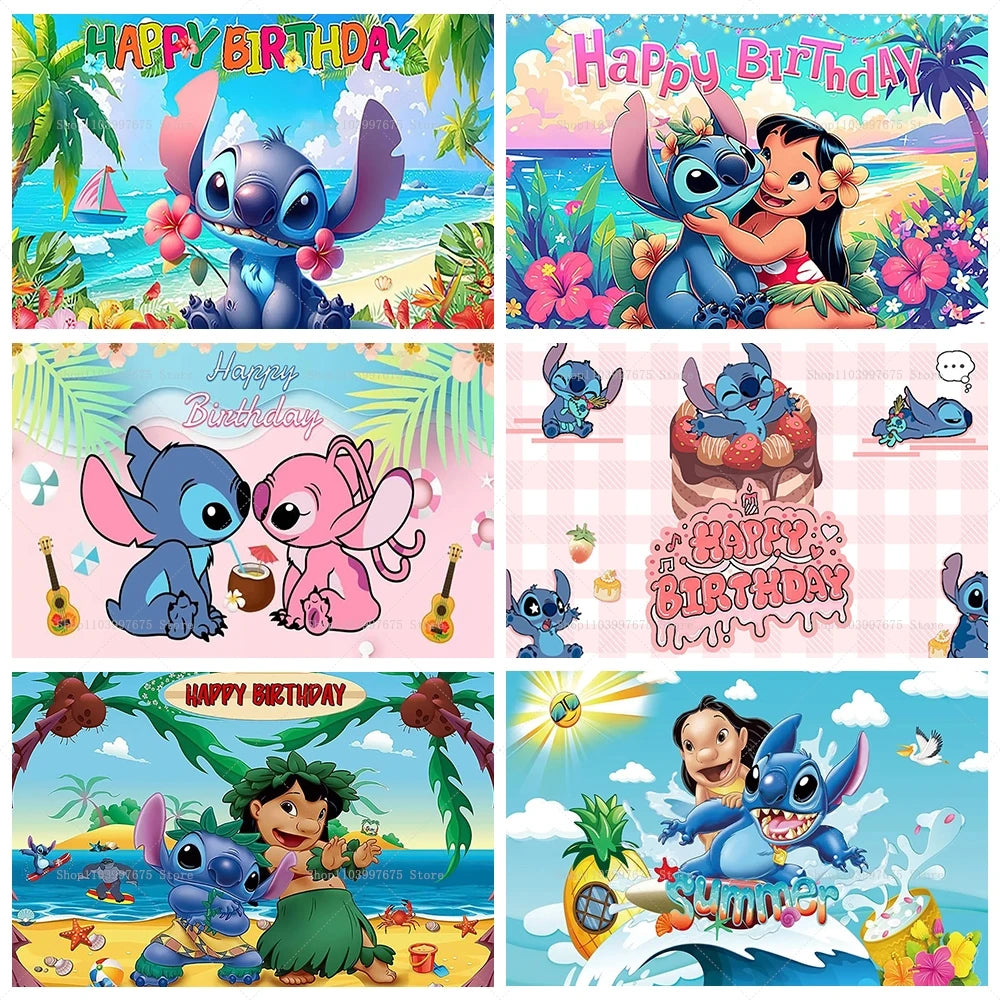 Cartoon Lilo&Stitch Party Backdrops Children's Happy Birthday Decoration Photographic Ocean Flower Background Baby Shower Banner