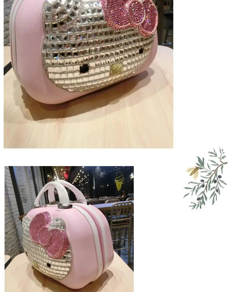 Kawaii 14 Inches Hello Kitty Cosmetic Case Sanrioed Anime Suitcase High Capacity with Lock Storage Bag Girl High End Gift Travel