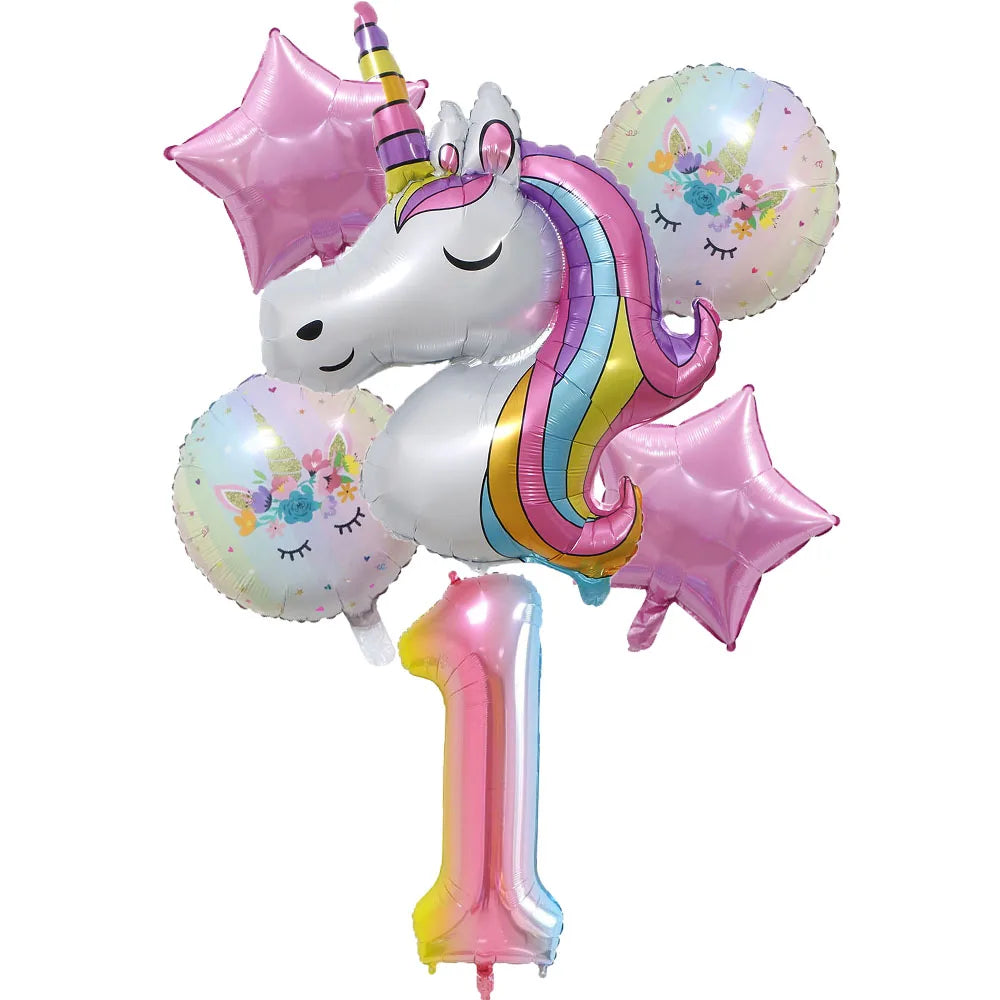 6pcs Rainbow Unicorn Balloon 32 Inch Number Foil Balloons 1st Kids Unicorn Theme Birthday Party Decorations Baby Shower Globos
