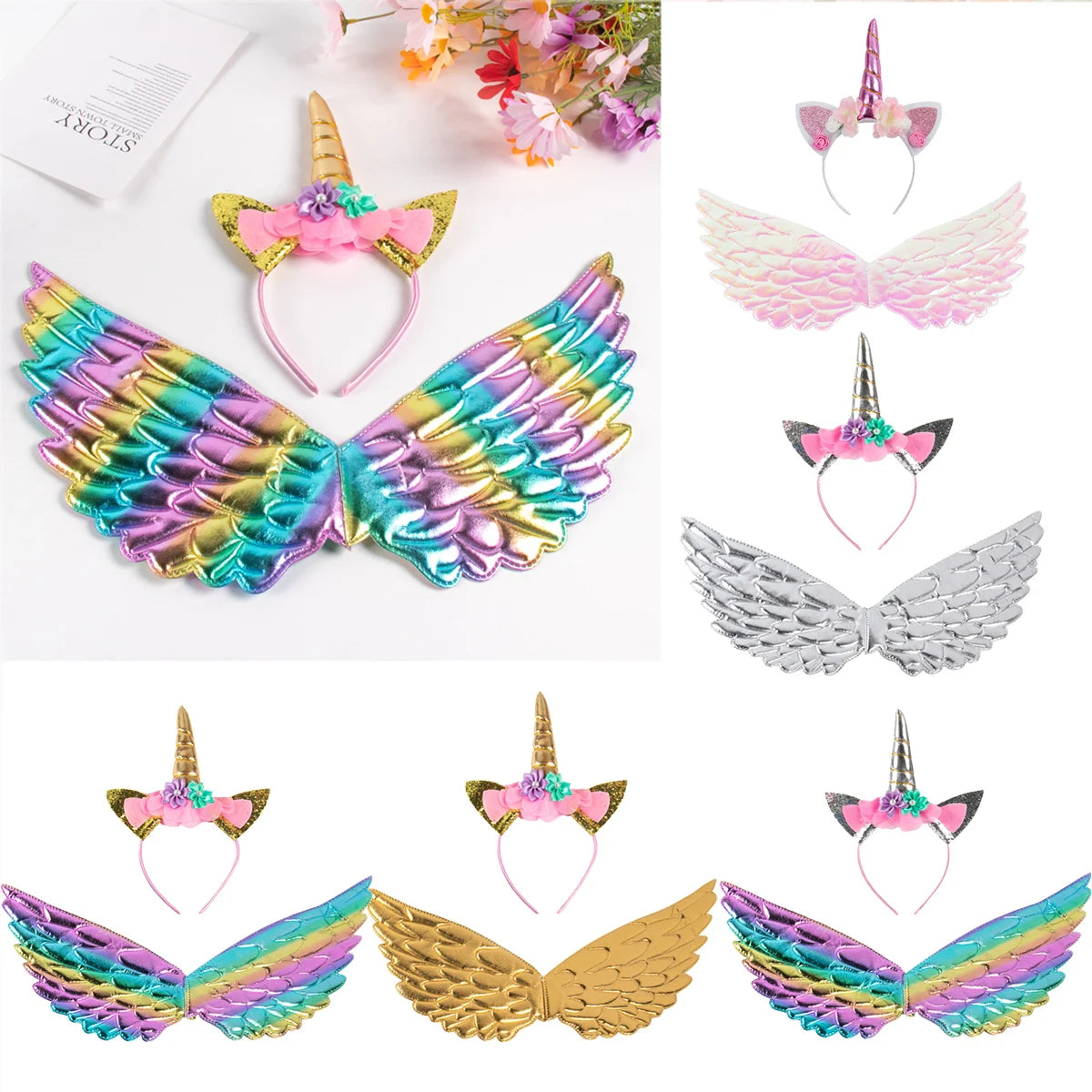 Unicorn Headband Girls' Fairy Rainbow Wings Flowers Headwear Accessory Unicorn Birthday Party Decoration Princess Dress Up Toys