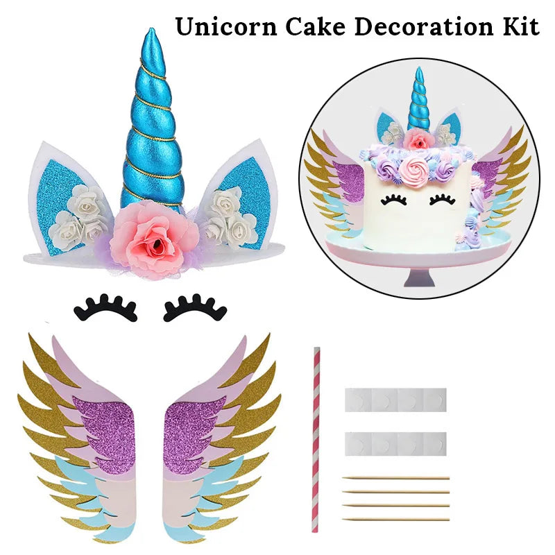 Unicorn Cake Toppers Rainbow Unicorn Horn Wings Girl Birthday Party DIY Decoration Cupcake Wrapper Unicorn Theme Party Supplies