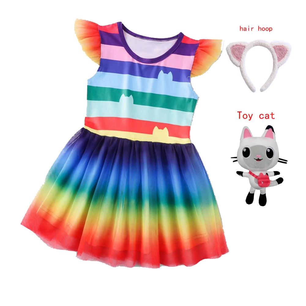 Gabby Cats Baby Girls Summer Gabby's Dollhouse Dress Rainbow stripe Kids Cosplay Princess Toddler Birthday Party Dresses+wig