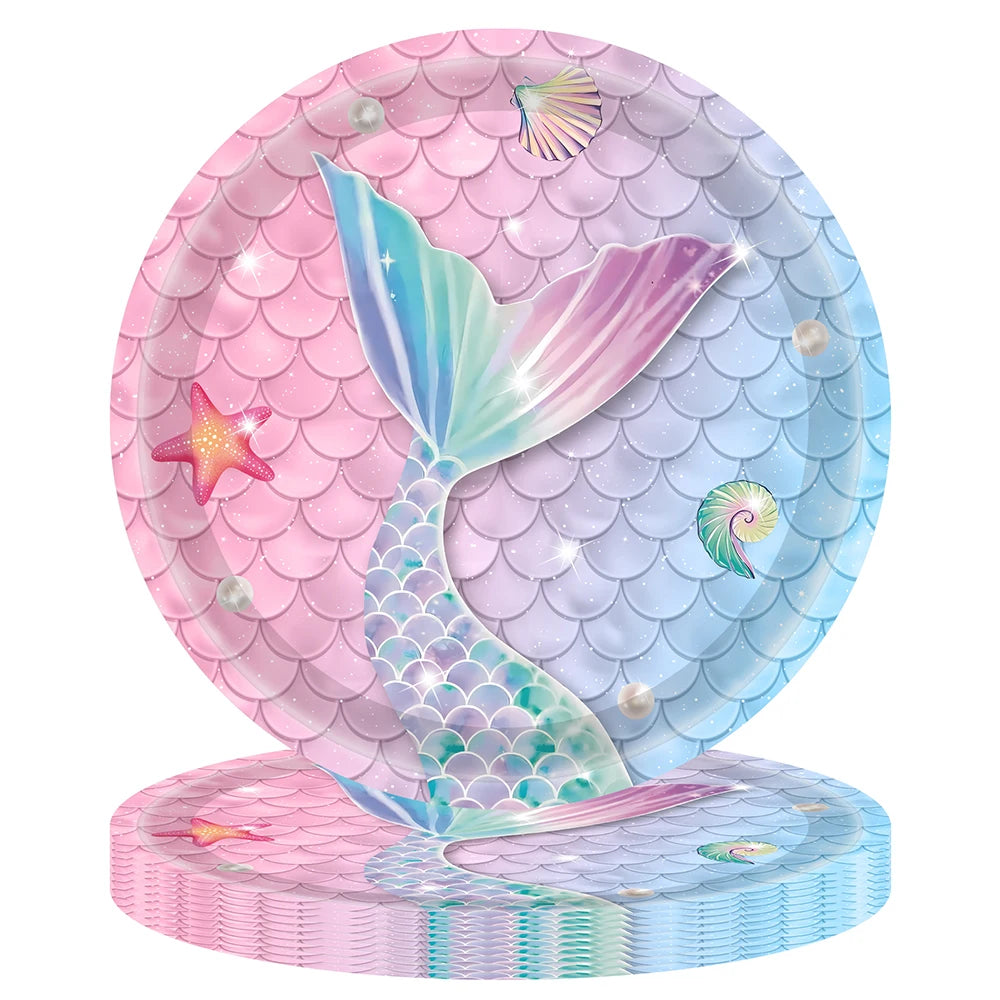 Mermaid Party Disposable Tableware Gradient Fish Tail Paper Plates Napkins Girls Birthday Party Decoration Baby Shower Supplies