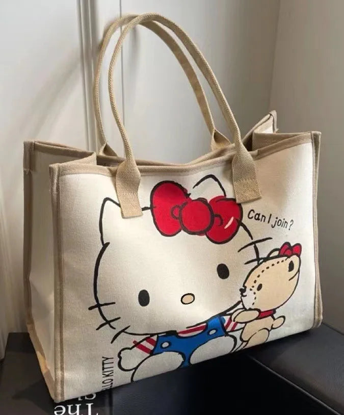 Hello Kitty Canvas Bag Sanrio Tote Bag Shoulder Storage Makeup Pouch Anime Handbag Travel Shopping Bag Kid Schoolbag Girl Gift
