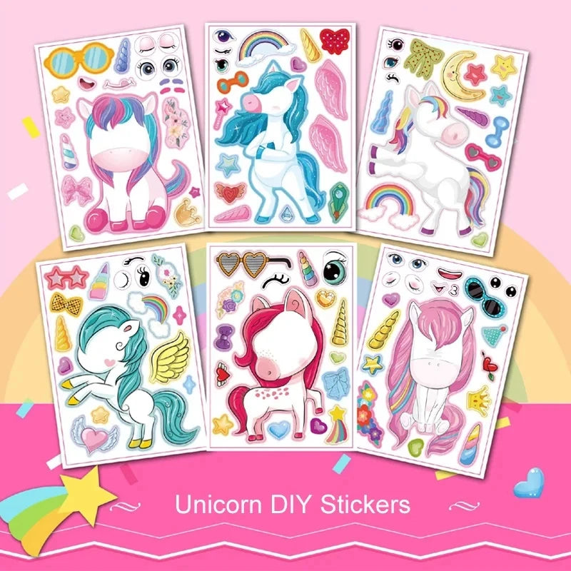 6/12Sheets Cartoon Unicorn Make A Face Assemble DIY Sticker Girls Unicorn Birthday Party Decoration Supplies Gifts for guests