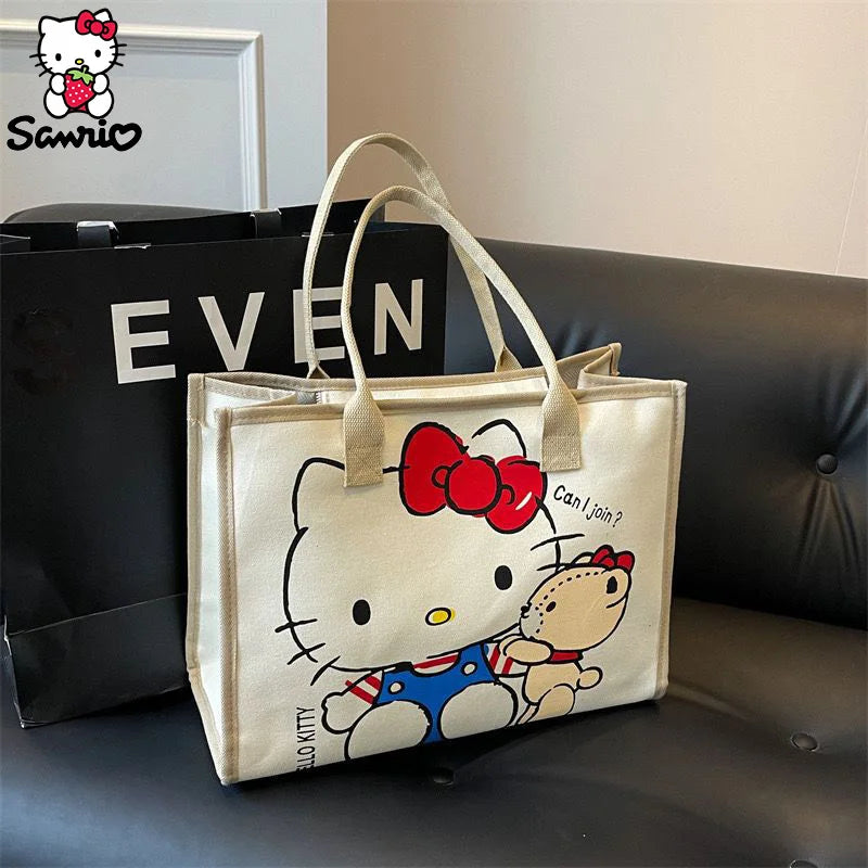 Hello Kitty Canvas Bag Sanrio Tote Bag Shoulder Storage Makeup Pouch Anime Handbag Travel Shopping Bag Kid Schoolbag Girl Gift