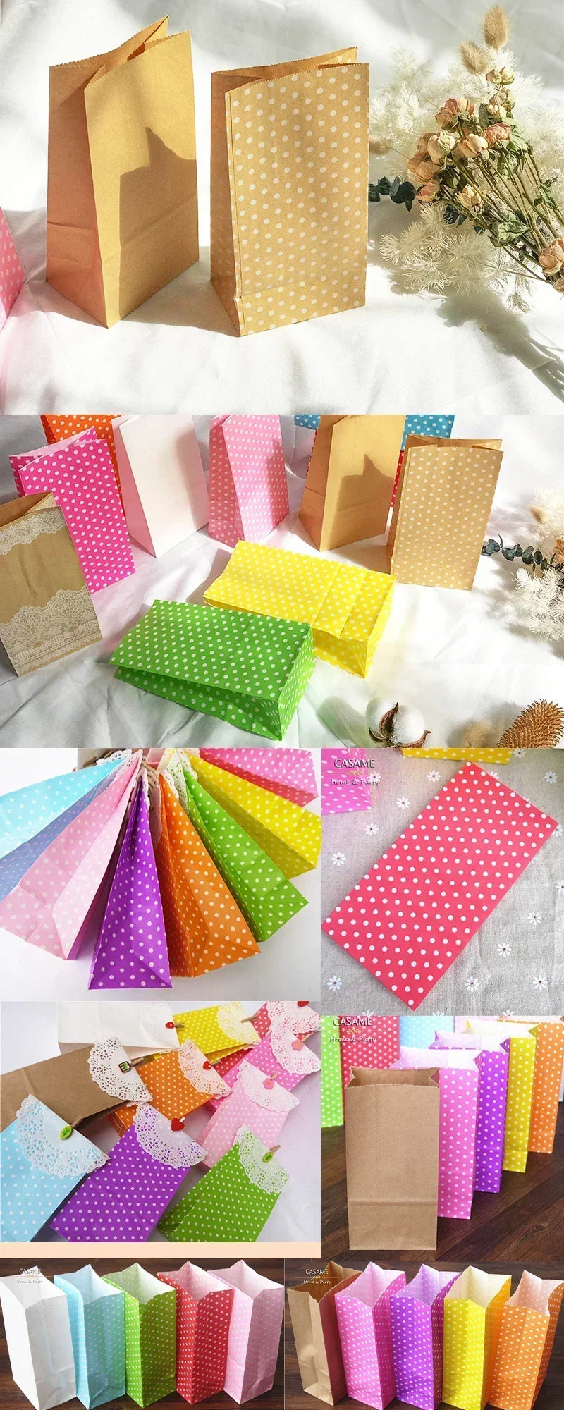 10 pcs Colorful Solid Stripe and Polka Dot Stand-Up Bags with Stickers - 18x9x6cm Favor Gift Packing Treat Bags for Wedding