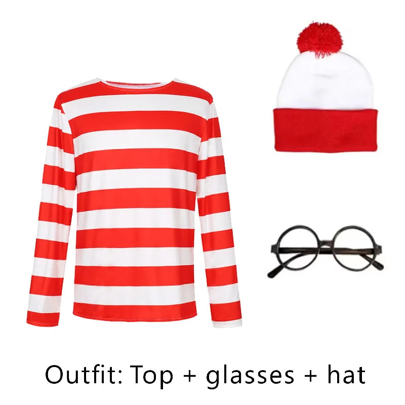 Classic Wheres Waldo Red White Striped Shirt for Men Wally Round Glasses and Hat Costume Set Unisex Halloween Cosplay Outfit
