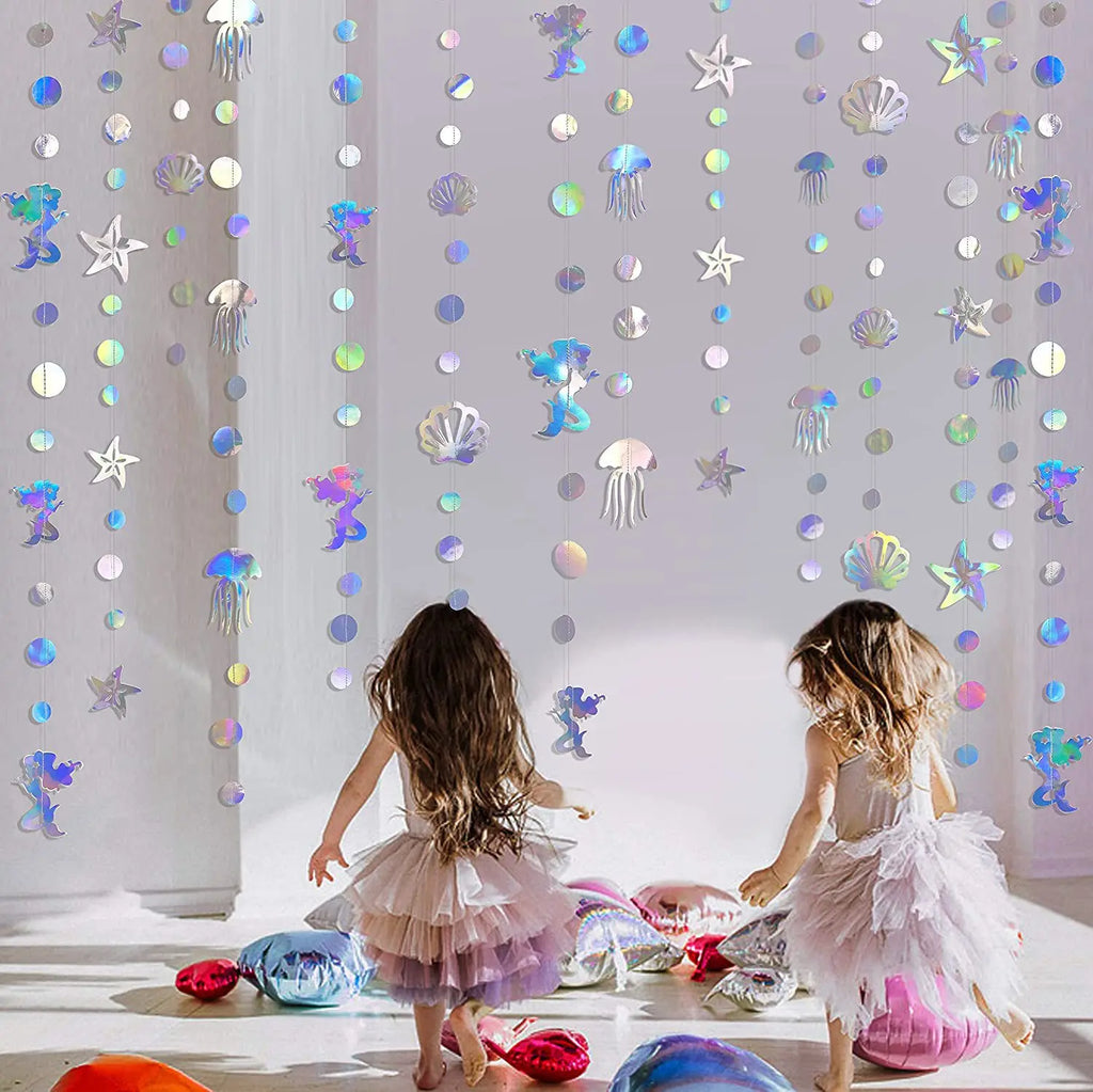 4M Mermaid Themed Silver Dazzling Gradient Pendant Banner Mermaid Bubbles Shell Banner Children's Day Birthday Party Decorations