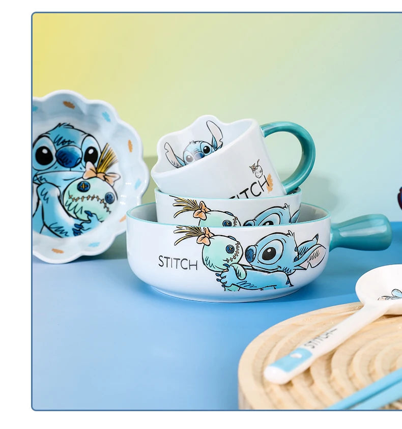 Stitch Salad Bowl Dinner Plates Household Ceramic Plate Cute Styling Rice Bowl Resistant Tableware Kids Water Cup Coffee Mug