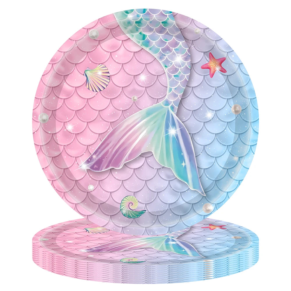 Mermaid Party Disposable Tableware Gradient Fish Tail Paper Plates Napkins Girls Birthday Party Decoration Baby Shower Supplies