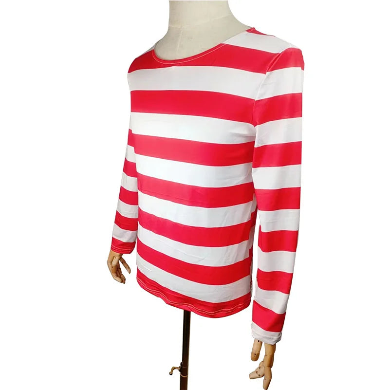 Classic Wheres Waldo Red White Striped Shirt for Men Wally Round Glasses and Hat Costume Set Unisex Halloween Cosplay Outfit