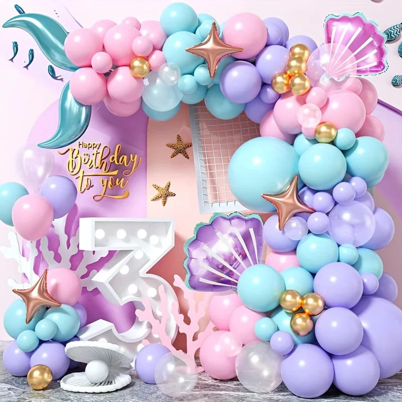 99PCS Mermaid Themed Balloon Garland Arch Set Suitable for Birthday Parties and Celebration Decorations, Indoor and Outdoor Use
