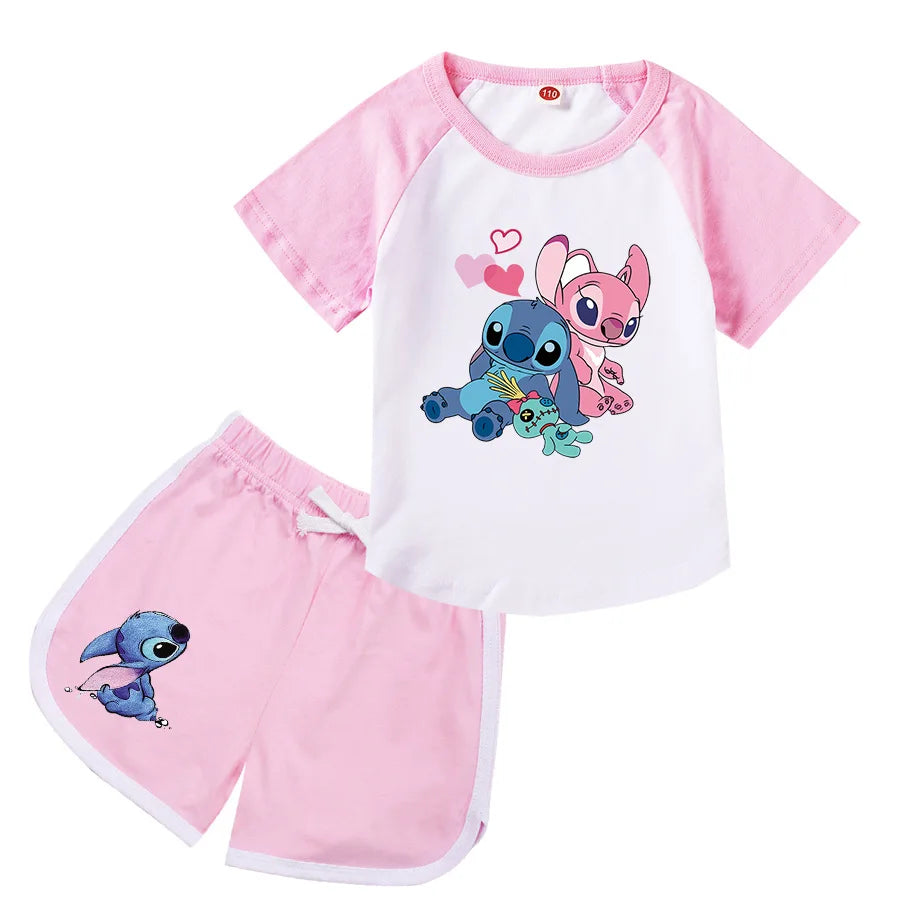 Lilo And Stitch Kids Costume Girls Casual Outfits Boys Short Sleeves T-shirt Shorts 2 Pcs Sets Girls Casual Sportswear